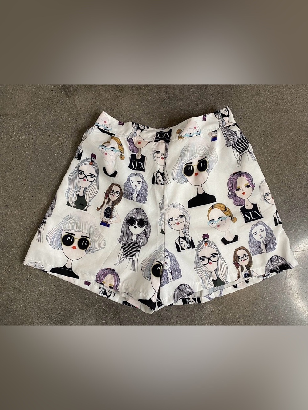 White Graphic Illustration Bermuda Shorts with Playful Faces